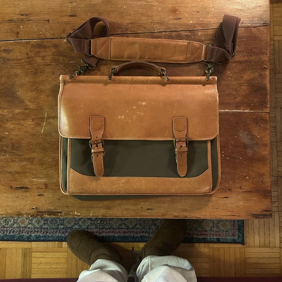 L.L Bean Leather & Canvas Messenger Bag | Classic Work Satchel - Picture 16 of 16